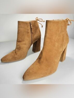 Stuart Weitzman Suede Grandiose Point Toe Booties in Tan 7.5